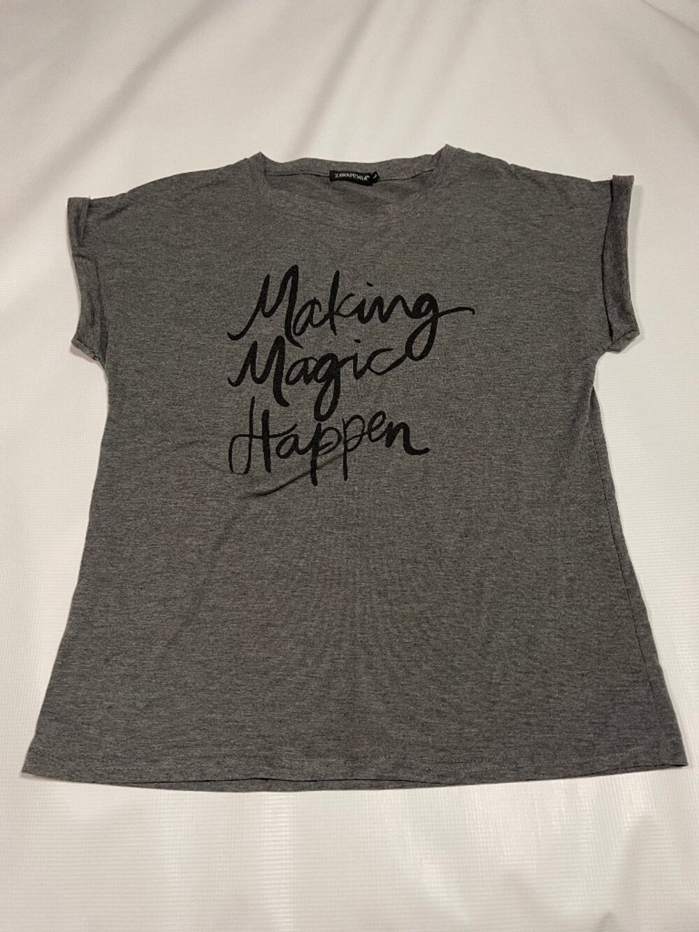 Zawapemia Women's "Making Magic Happen" Graphic Moto T-Shirt, Grey, Cap Sleeve